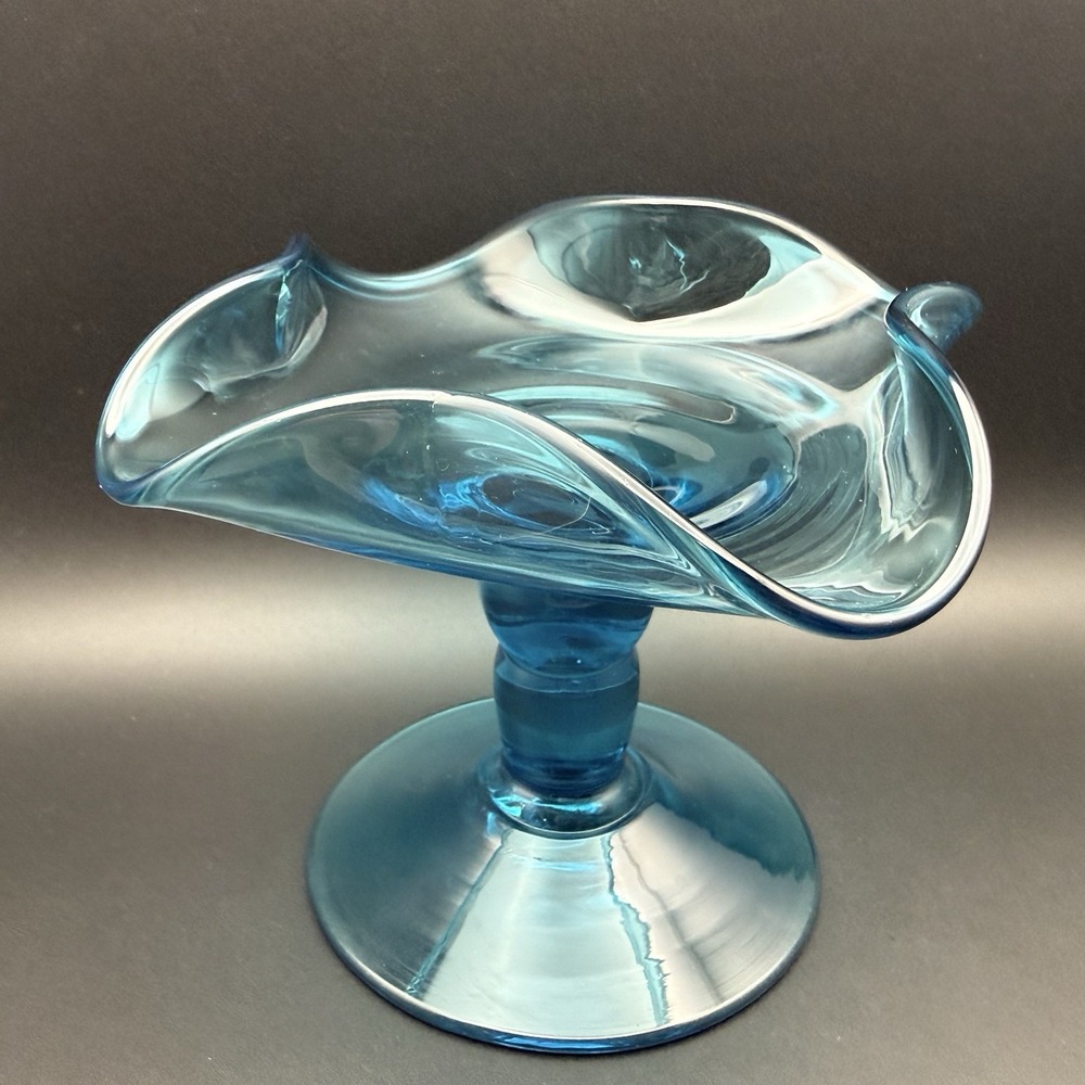 Vintage Bischoff Hand Blown Blue Art Glass Ruffled Pedestal Compote Candy Dish